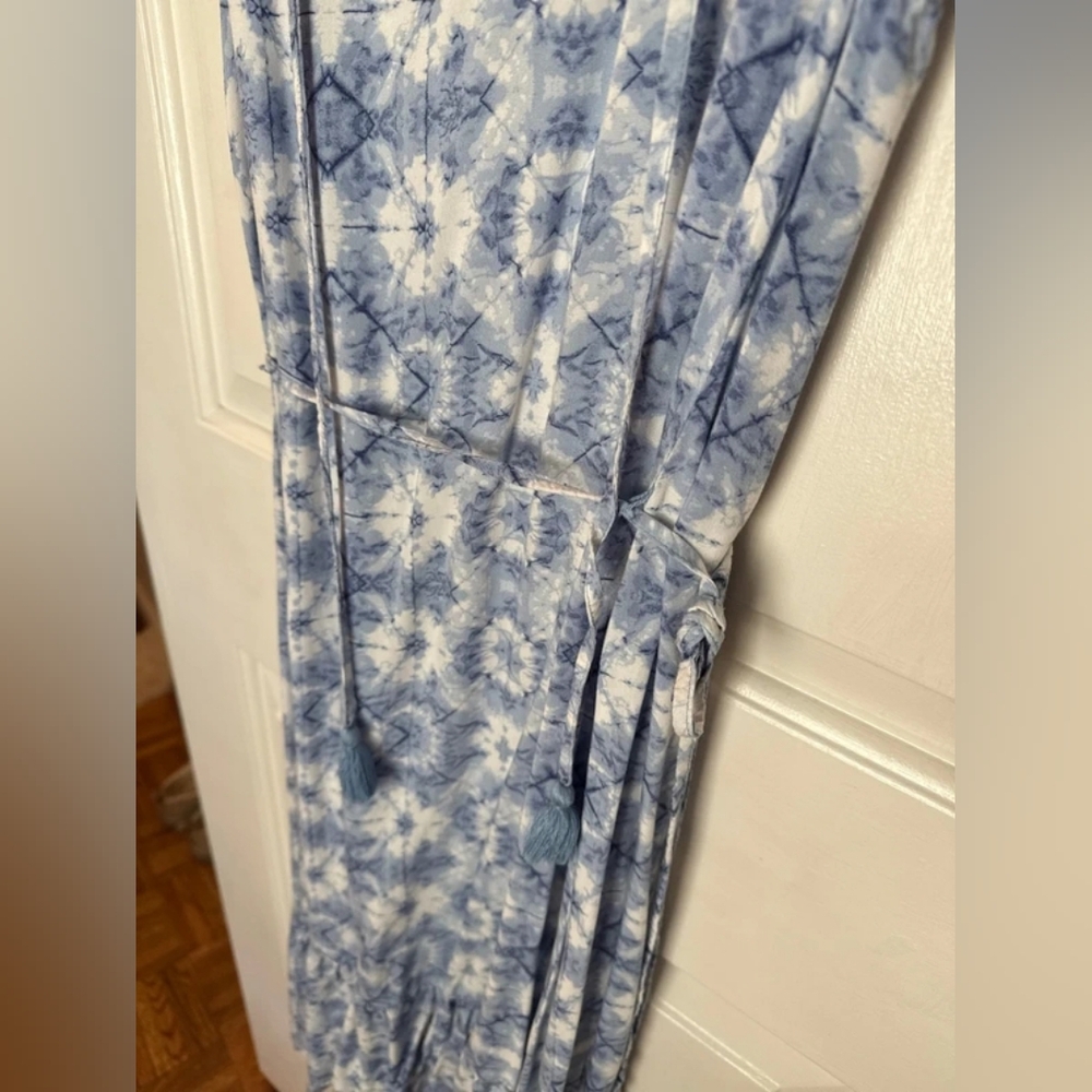 Blue Tie-Dye Maxi Dress with Tassel Waist Tie